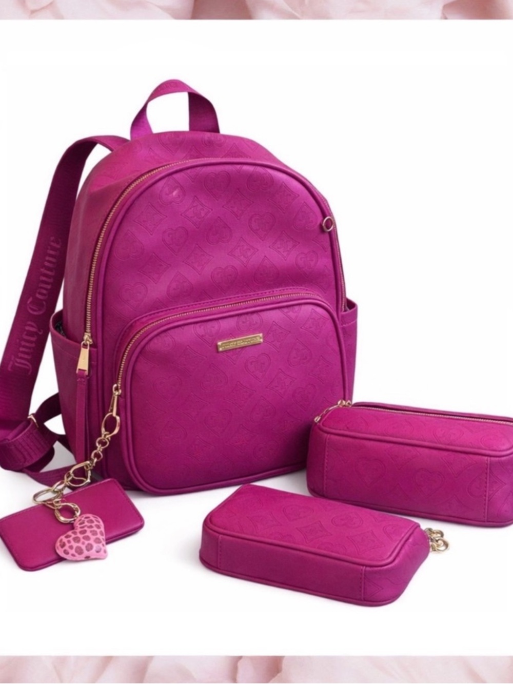 Juicy Couture 3-Piece Set Backpack Crossbody Card Case Raspberry Tart Goldtone